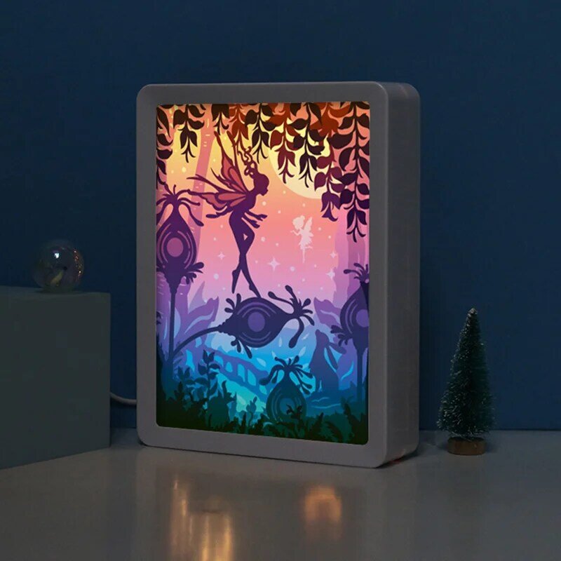 DegradLights-Boîte à lumière découpée en papier, cadre d'ombre 3D, lampe de nuit elfe pour chambre d'enfant, cadeau LED, 7 feuilles