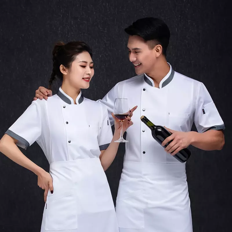 Unisex respirável cozinha uniforme, camisa de manga curta, padaria jaqueta, pão roupas, breasted chef, cozinheiro, hotel, restauração, preto, branco