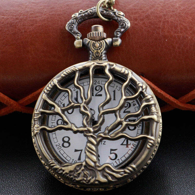 Jam tangan saku Quartz pohon antik berongga timbul Aksesori liontin rantai Fob Vintage perunggu hadiah terbaik untuk pria