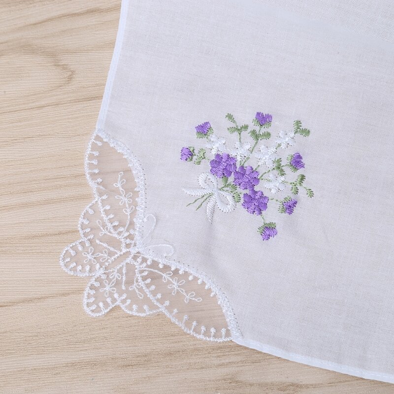 652F 6 Pcs Vintage Cotton Ladies Embroidered Lace Handkerchief Women Floral Hanky