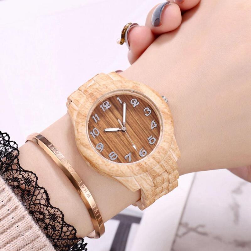 Women Wooden Color Grain Round Dial Arabic Number Resin Band Analog Quartz Wrist Watch