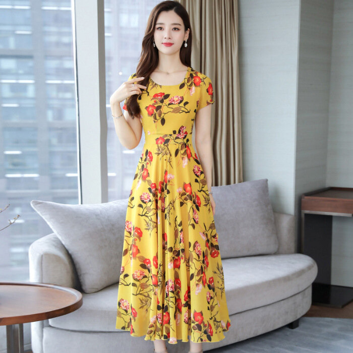 중년 여성 반팔 원피스, 루즈하고 날씬해 보이는 빅 사이즈, 한국 스타일 패션 스커트, 2024 용수철 여름 신상
