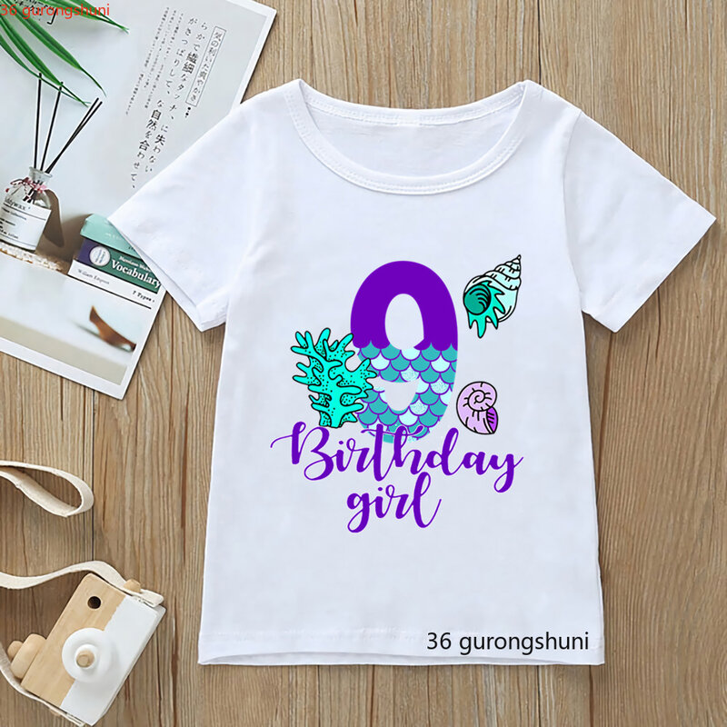 Nowe 2-9 urodziny dziewczyny Tshirt śliczne syrenka wydruk graficzny T-shirt odzież dziecięca koszulki moda Kawaii ubrania letnie szczyty