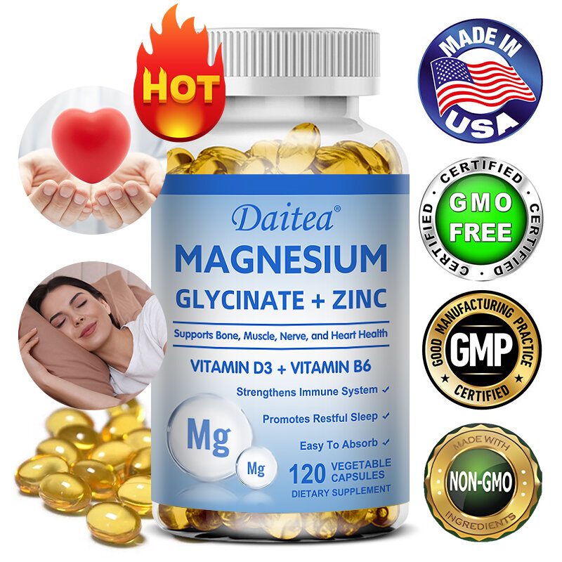 Daitea Magnesium-En Zinkcapsules-Magnesiumglycinaatsupplement Ter Ondersteuning Van De Gezondheid Van Spieren, Zenuwen, Gewrichten En Het Hart