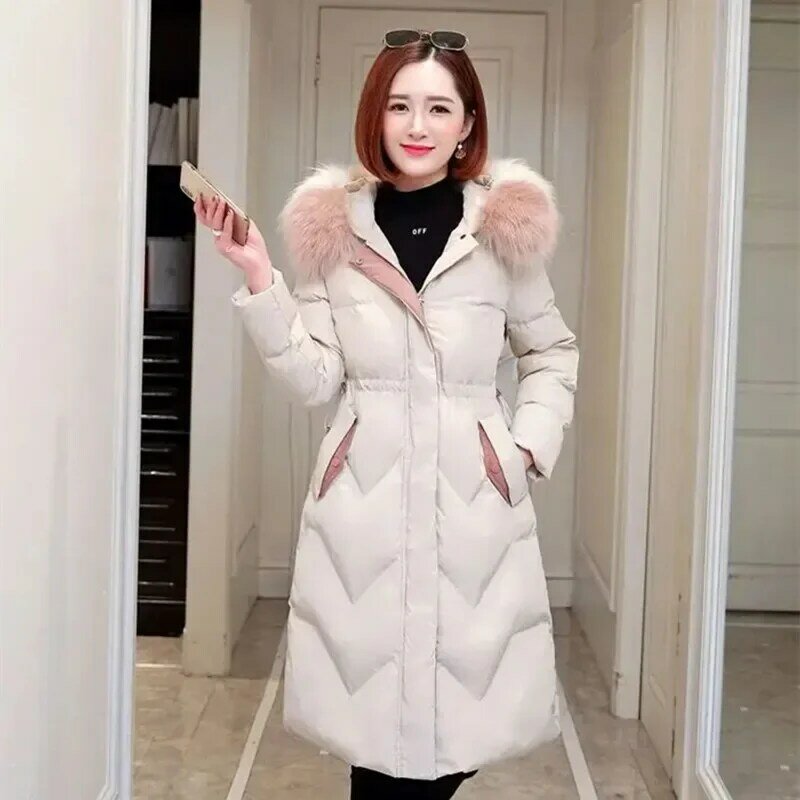 Mantel bulu jaket Down wanita, jaket Korea 2023 panjang tebal katun musim dingin