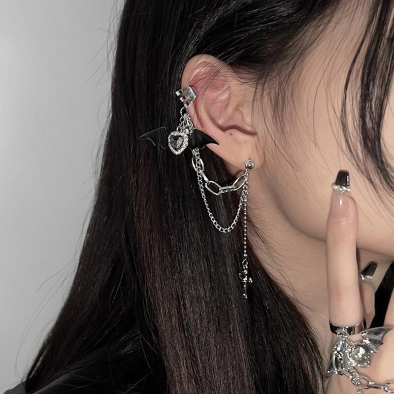 Y1UE Goth Punk Halloween Devil Crossed Chain Earrings Women Ear Clip Earrings
