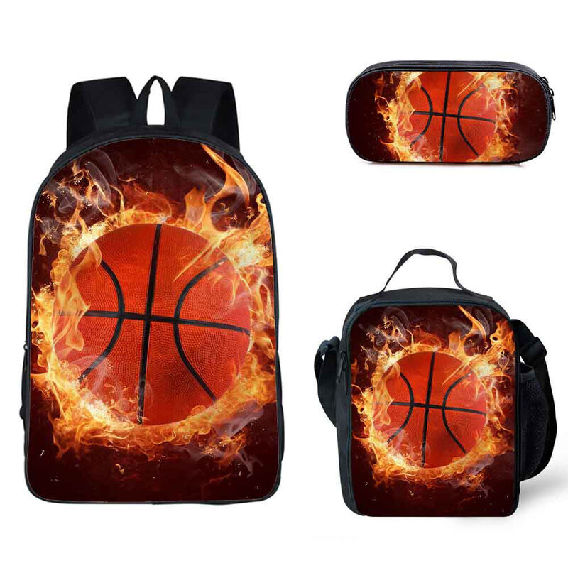 面白い火のバスケットボール3Dプリントのランドセル、要素のバックパック、ランチバッグ、ペンシルケース、ラップトップのデイパック、クラシックなトレンディ、セットあたり3個