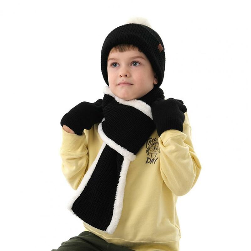 Conjunto de guantes de bufanda y sombrero para niñas, conjunto de bufanda de punto, forro de felpa grueso, a prueba de viento al aire libre, pompón cálido para niños, Invierno