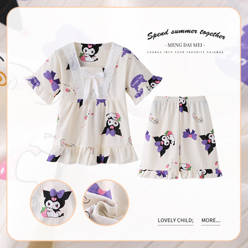 2024 Summer Kawaii Kids Princess Sleepwear Anime Cinnamoroll Kuromi My Melody Children's Pajamas Sets Girls Pijamas Home Clothes