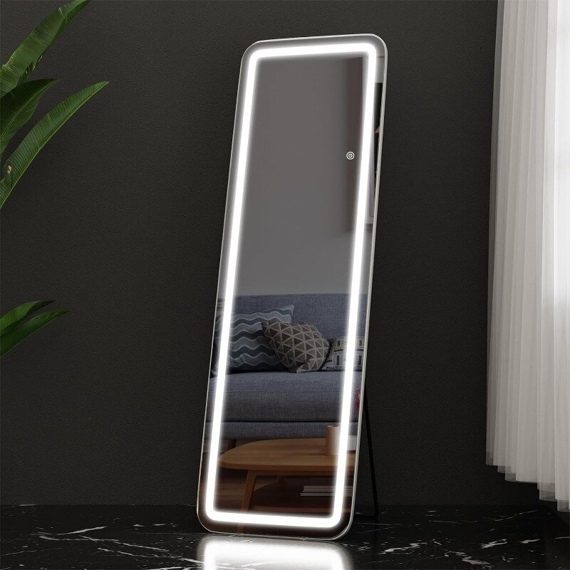 Espejo de piso con luz LED, espejo de longitud completa de 64 "x 21" con soporte, espejo colgante montado en la pared con atenuación y 3 colores