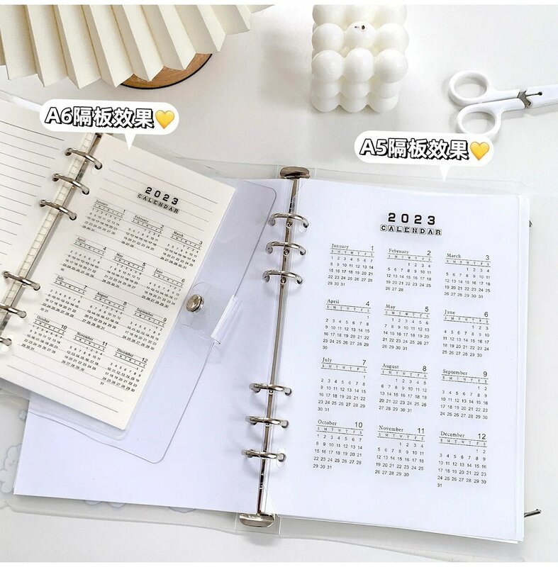Separadores de cuaderno de hojas sueltas para calendario, Bloc de notas transparente, planificador mensual, A5, A6, 6 agujeros, 2024