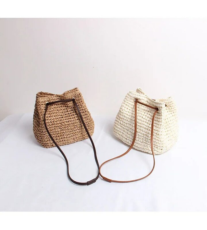 Słomiane torebka wiadro designerskie ręcznie tkane damskie torebki w stylu Casual, letnia plażowe torby na ramię Bali Patchwork duża torba 2023