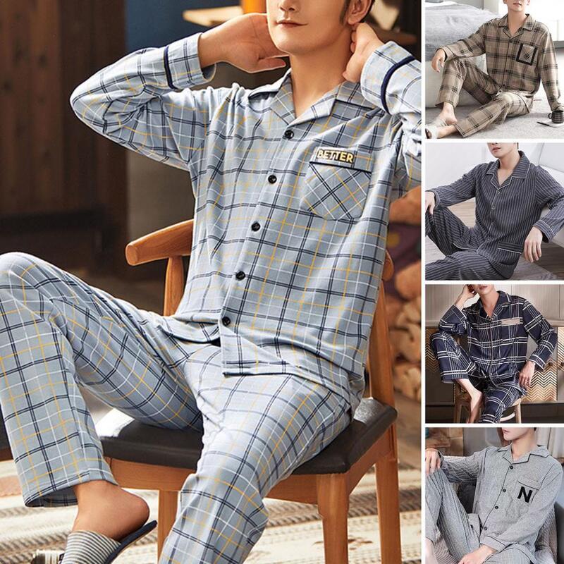 Piyama katun kerah pria baru celana lengan panjang piyama ukuran besar baju tidur santai pakaian rumah pakaian tidur untuk pria