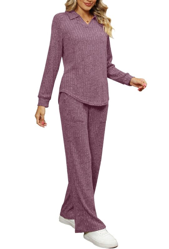 Fato casual monocromático solto feminino, loungewear com cordão texturizado, simples, outono, novo