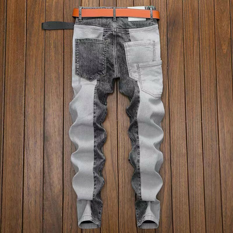 Celana panjang desainer pria, Jeans kasual musim semi dan musim gugur Slim Fit Korea tambal sulam trendi Skinny regang abu-abu mewah