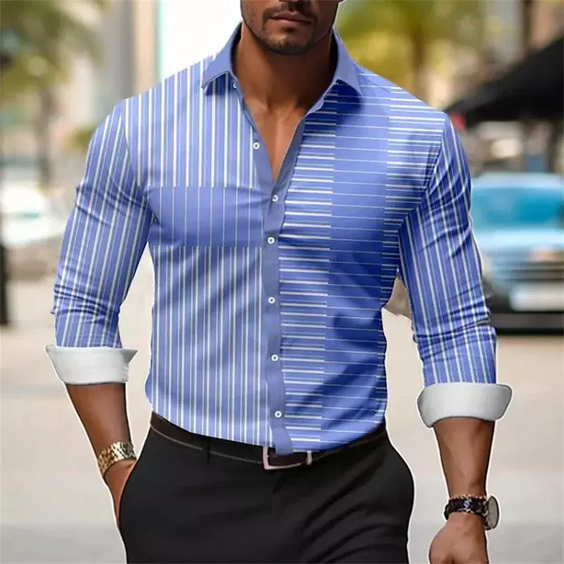 Мужская рубашка с рисунком, Повседневная рубашка с длинным рукавом и V-образным вырезом, модная дизайнерская рубашка с пряжкой, удобная и дышащая