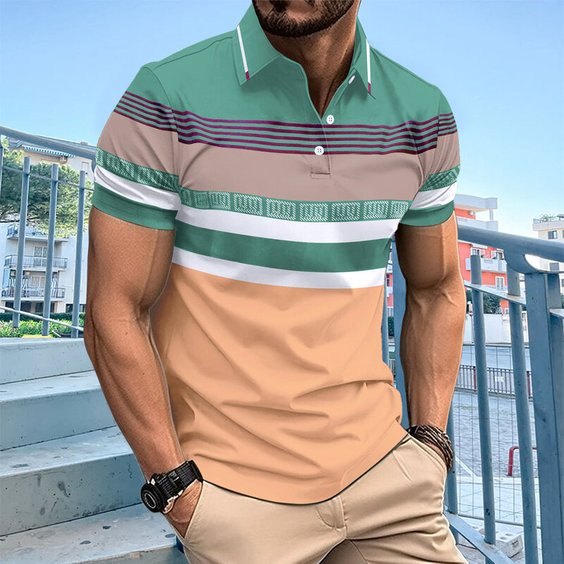 Camiseta de manga corta para hombre, polo a rayas con estampado digital 3D, camiseta informal con botones, novedad de verano
