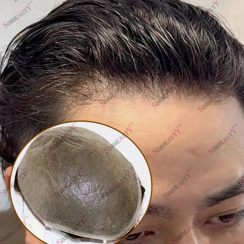 Kulit Super tipis 80% rambut kepadatan cahaya rambut manusia Toupee untuk pria rambut Virgin prostesis 0.02mm dasar kulit tipis
