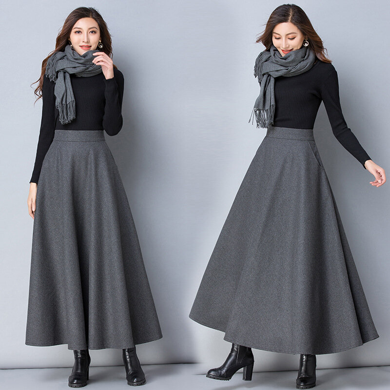 Falda larga de lana para mujer, prenda básica de cintura alta, informal, gruesa, cálida, elástica, a la moda, O839, Invierno