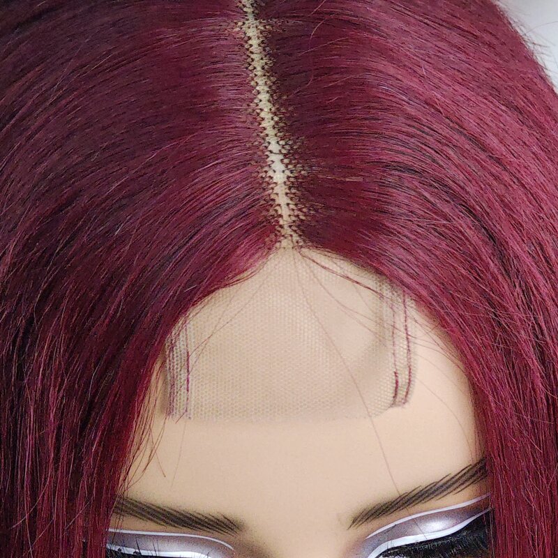Perruque Bob Lace Wig naturelle brésilienne, cheveux lisses, bordeaux 99J, 2x6, pre-plucked, densité 180%