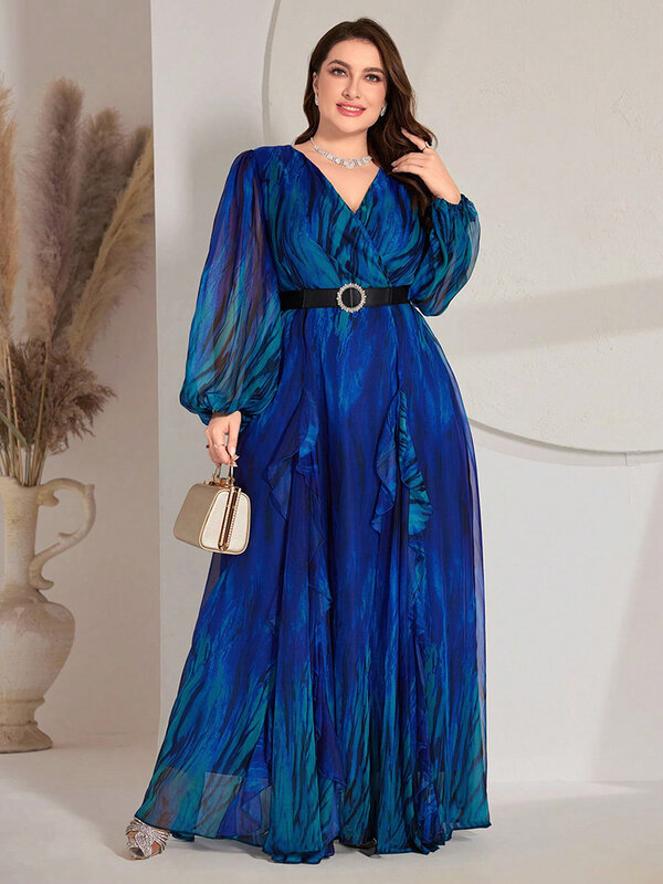TOLEEN gaun Maxi wanita ukuran Plus, Gaun panjang Arab elegan Ombre lengan lentera leher V mewah baru 2024 untuk musim panas