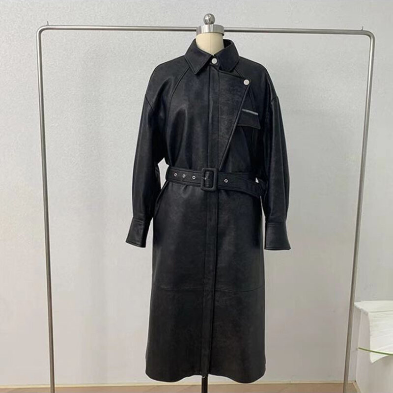 Veste Longue Femme Women's Genuine Leather Coat Trench Belt Zipper Stylish Feminina Sheepskin Black/Milk White Waist Slim Casaco