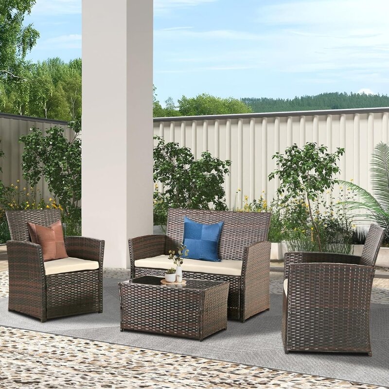 4 Piece Patio Furniture Set, Outdoor Wicker Conversation Sets with Cushion, Rattan Sofa Chwn Wicker/Beige Cushion)