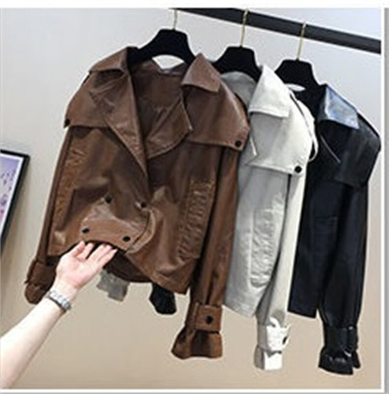 European Goods Lapel Double Breasted Locomotive PU Leather Women's Top Autumn 2023 New Western Style Age-reducing Coat Tide