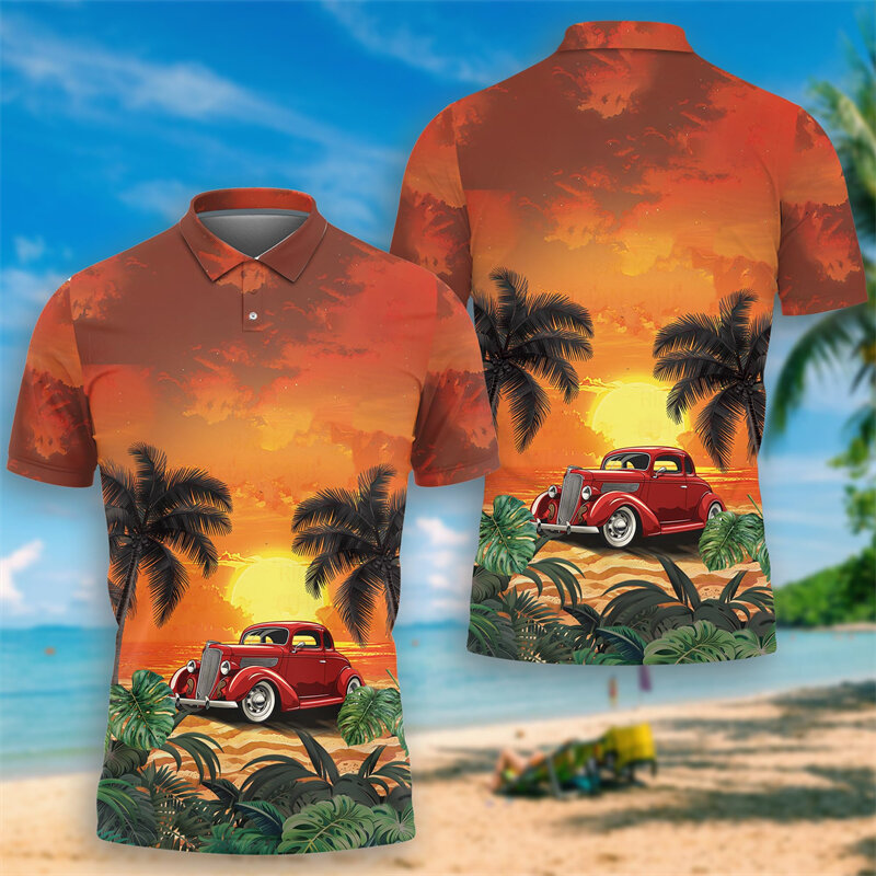 شاحنة هاواي للرجال قميص بولو قصير الأكمام ، مركبات غروب الشمس قمصان الشاطئ ، قمم السيارات عطلة ، الهبي حافلة الملابس الاستوائية