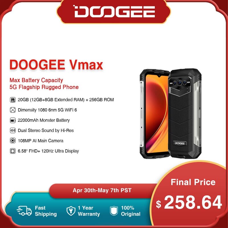 Doogee v Max 5G 22000MAH Аккумулятор 12 ГБ ОЗУ (до 8 ГБ расширен)+256 ГБ ПЗУ (T-Flash Card до 2 ТБ) 108MP AI Triple C камера 120 Гц DIMANTION 1080 6NM HI-RES 33W FAST Зарядка Android 12.0