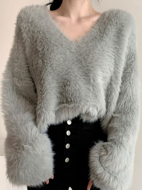 Suéter de lana de punto para mujer, jerséis holgados de color liso, elegante, estilo dulce, prendas de vestir, abrigos, Tops