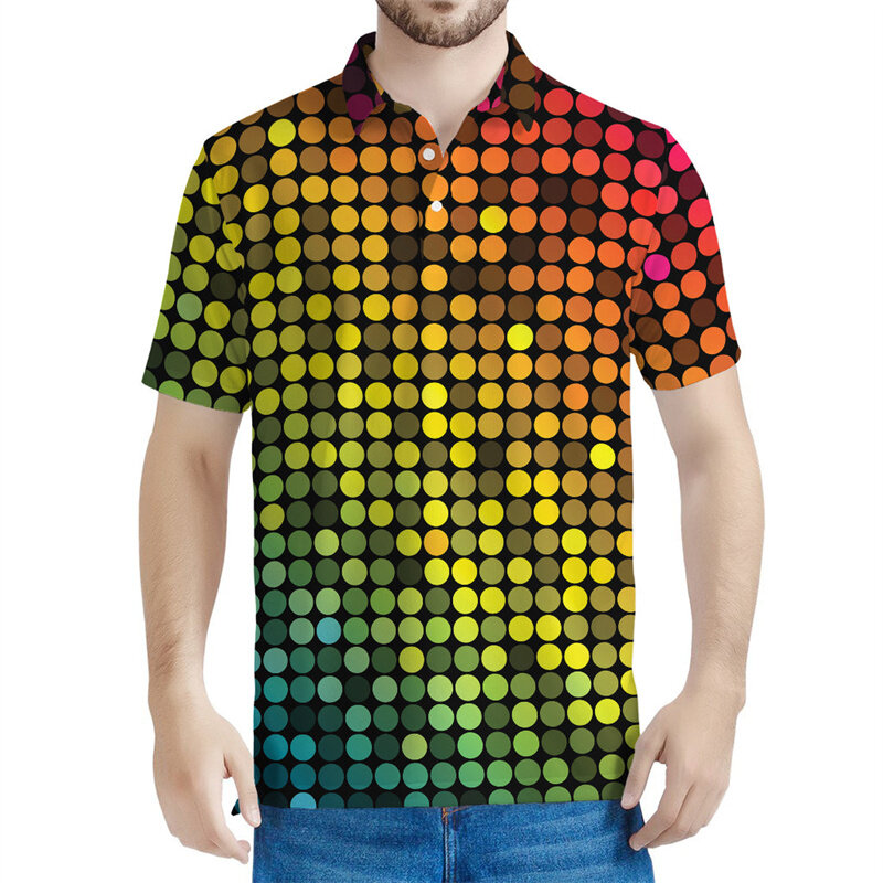 Футболка-поло мужская с 3D-принтом, винтажная цветная рубашка с графическим принтом диско-лампы, летняя уличная одежда с коротким рукавом, свободная футболка, Y2k