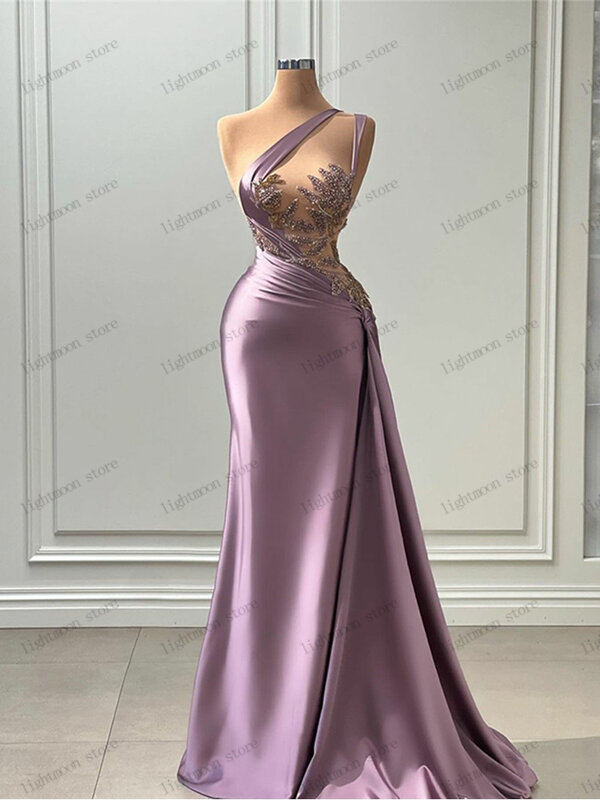 Wdzięczna sukienka na studniówkę ładne suknie wieczorowe dla kobiet 2024 satyna z haftem na jedno ramię bez rękawów szata Vestidos De Gala