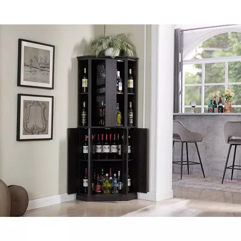 68.5" Versatile Corner Bar Cabinet with Wine Storage, Adjustable Shelf Height, 6-Bottle Wine Rack, Stemware Rack