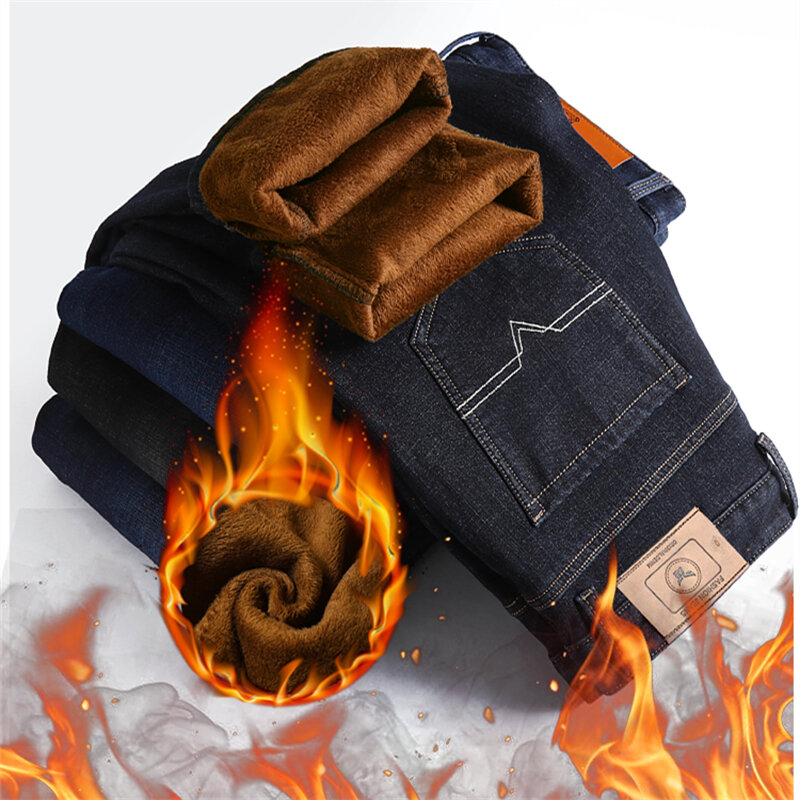 Классические флисовые плотные теплые мужские зимние прямые джинсы 2022, деловая повседневная одежда, эластичные облегающие джинсы со средней талией
