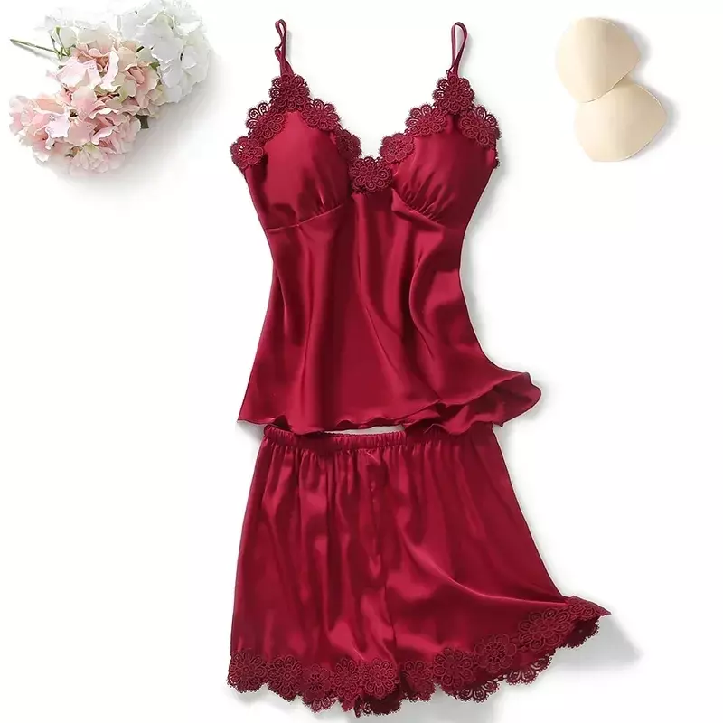 3511-5Simulated silk pajamas women's flower lace sexy suspenders shorts two-piece Korean version of cute home clothes