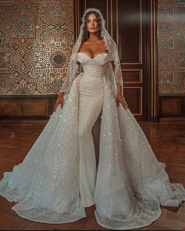 Sparkly lantejoulas sereia vestido de casamento fora do ombro glitter vestidos de noiva em camadas contas vestido de noiva com trem destacável