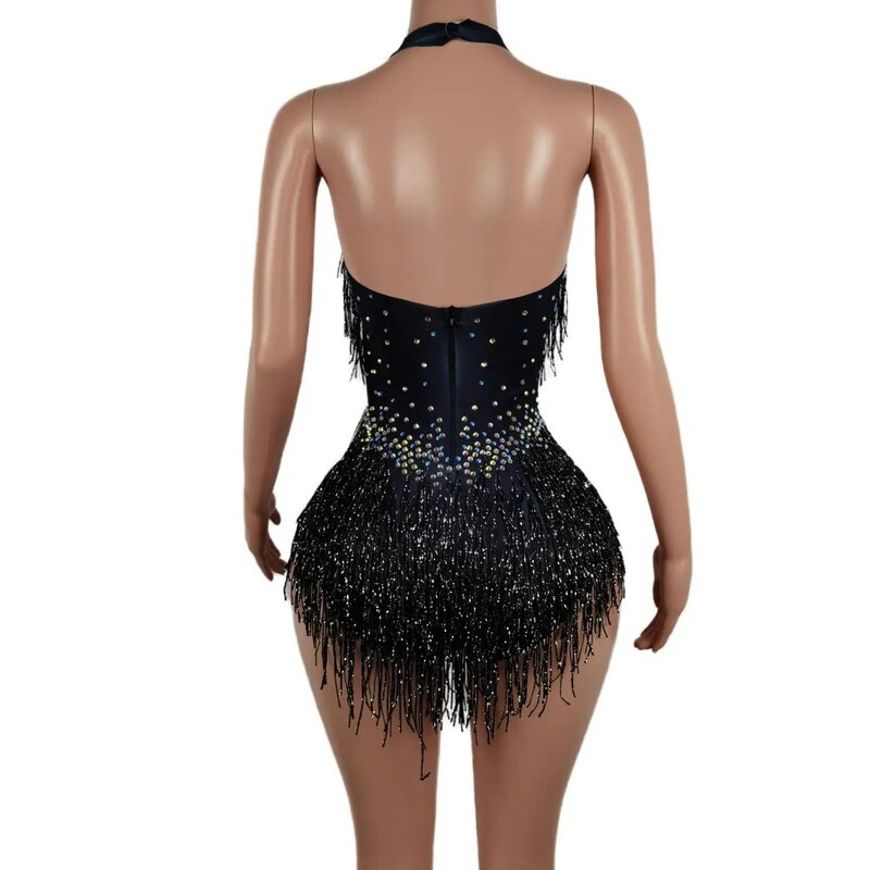 Bodysuit preto brilhante borla para mulheres, collant de palco, fantasia de dança franja de 1 peça, roupa sexy do clube, desgaste do show, cantor, collant, Liusu