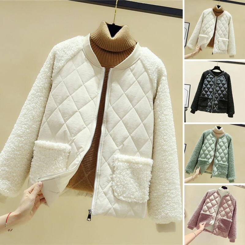 Women Autumn Winter Short Cotton Coat Long Sleeve Plush Splicing Jacket Pockets Zipper Placket Cotton Padded Outwear