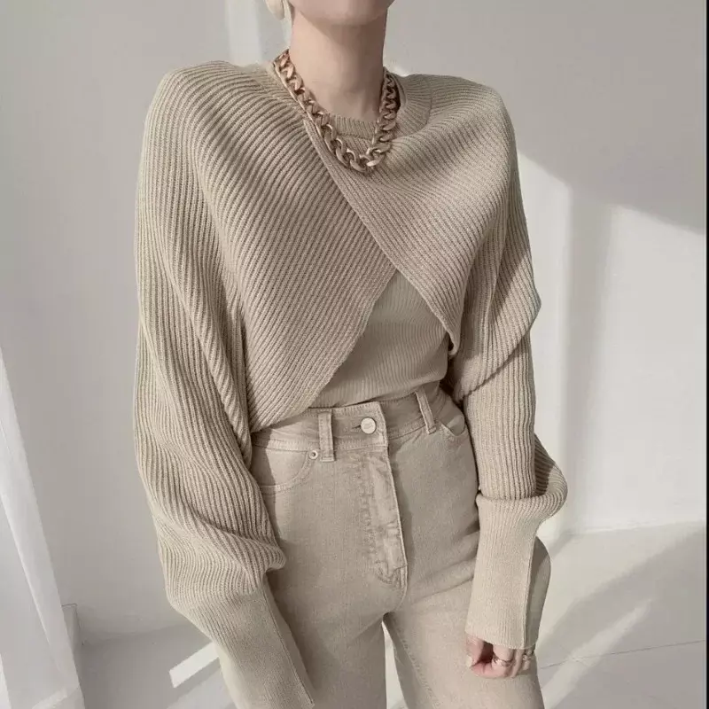 Sweater Crop musim dingin wanita, Sweater kasual leher V lengan panjang gaya Korea Chic musim gugur 29612