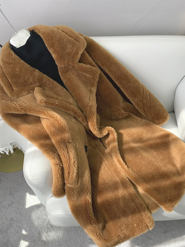 AYUNSUE – veste de tonte de mouton pour femme, manteau 2023 laine, manteaux en fourrure, pardessus mi-long, hiver 100%
