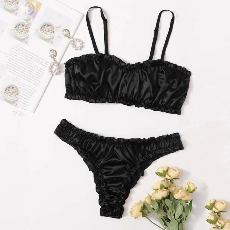 Fashion Lingerie Sets Solid Color Satin Sling Underwear Lace Frilled Seamless Comfortable Ladies Sexy Lingerie Two Piece Sets