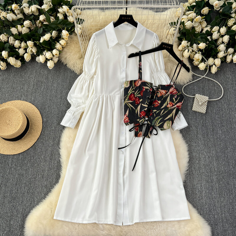 Women Sweet Knit Two Pieces Sets Vintage Bandage print Long Sleeve Sets summer Elegant  basics blouse dresses