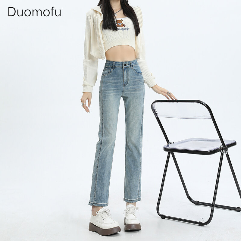 Duomofu-Jeans de cintura alta feminino com zíper, fino, reto, simples, casual, clássico, coreano, básico, moda feminina, outono
