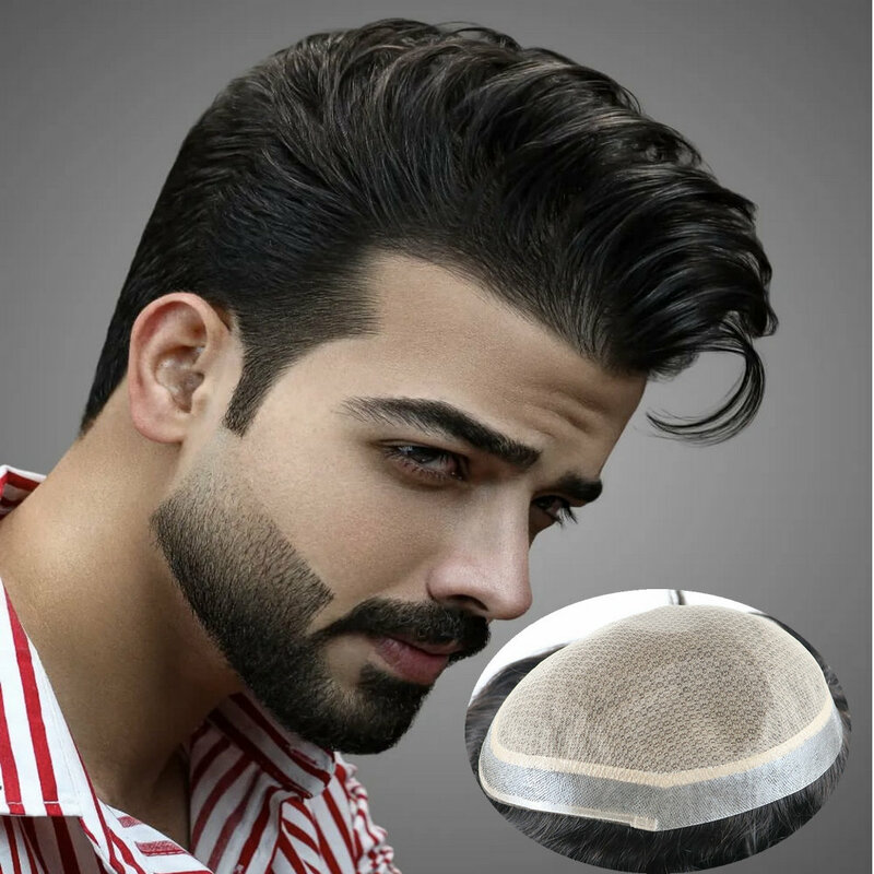 Natural Hairline Mens Wig Straight Human Hair Wigs M-Lace Silk Base Toupee Invisible Hair  Replacement System Unit Natural Color