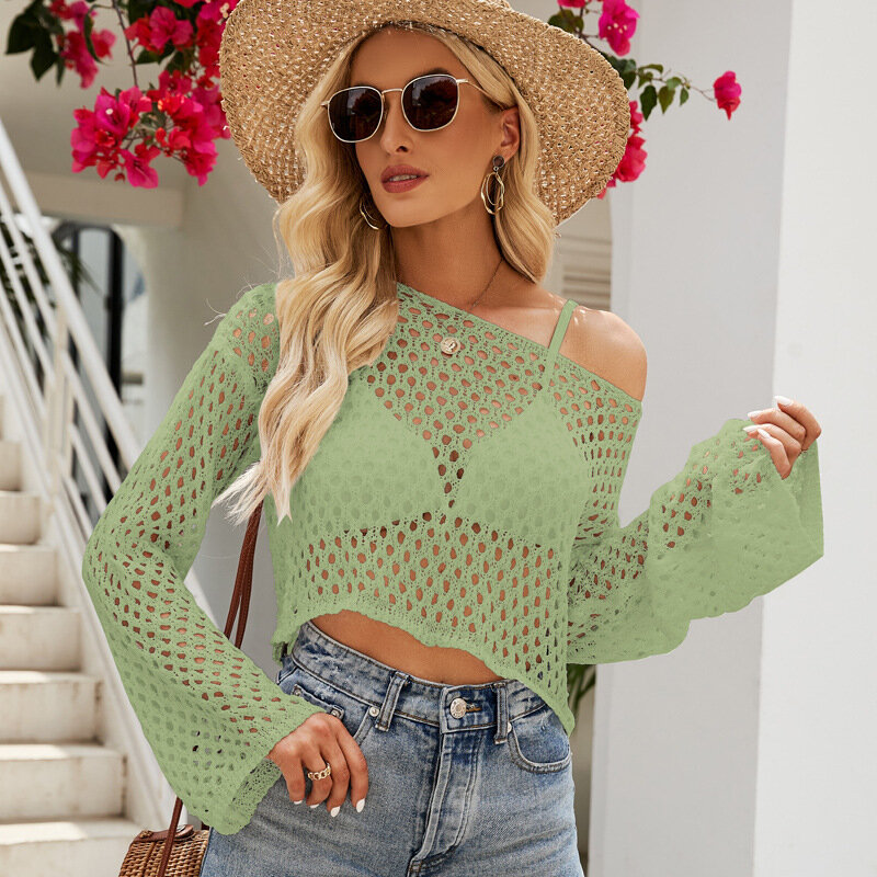 Spring/Summer  Exclusive European Style Knitted Sweater with Flared Sleeves and Openwork Design