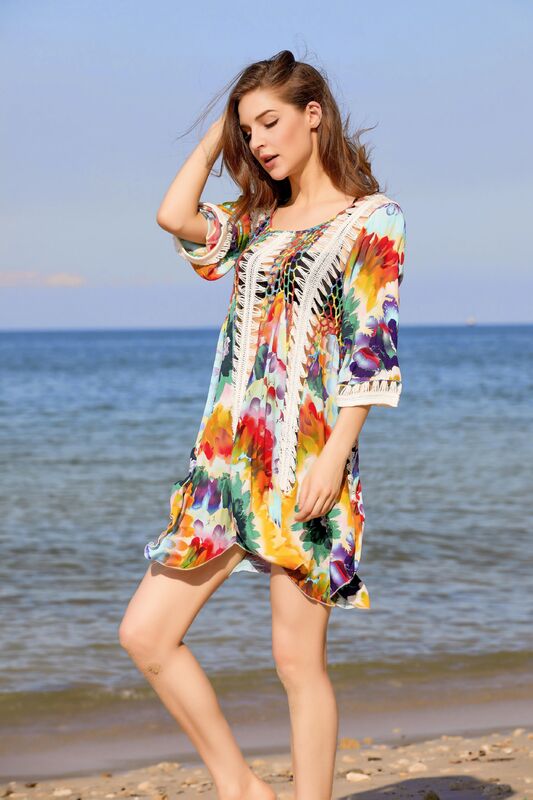 Vestido feminino de malha colorida para praia, capa de flor solta de férias, biquíni confortável, confortável, novo, verão