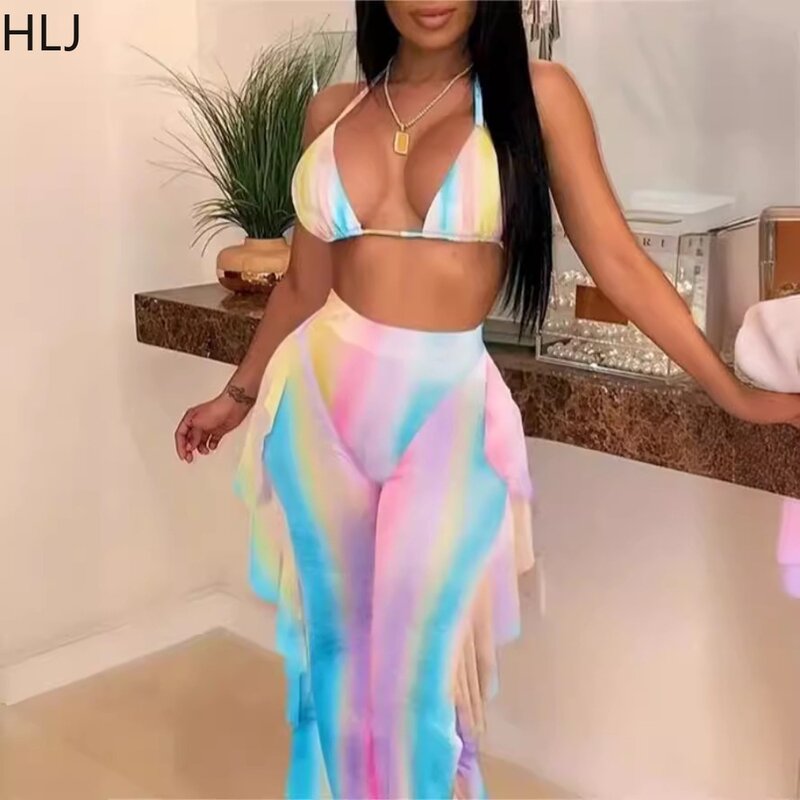 HLJ Sexy Colorful Tie Dye Print Two Piece Sets Women V Neck Bandage Bra+Ruffle Design Wide Leg Pants Outfits Fashion Streetwear