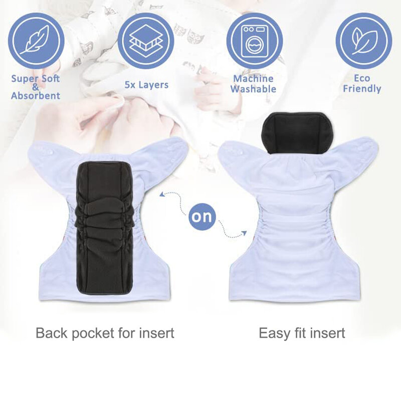 AIO 1PCS Reusable Eco-friendly 5 Layer Charcoal Bamboo Reusable Liner Baby Nappies Breathable Cloth for Toddler Diaper Insert