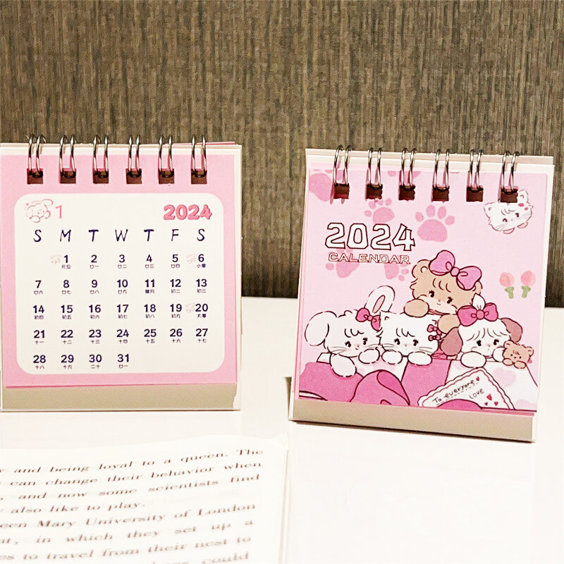 2024 cincin daun longgar kalender kartun kucing Mini kalender siswa tanggal catatan kalender buku Dekorasi Desktop hadiah baru